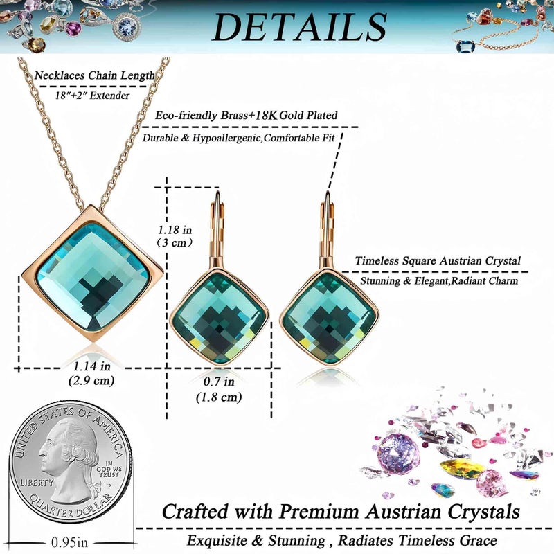 EVEVIC Square Austrian Crystal Necklace Earrings Set for Women 18K Gold Plated Jewelry Set (Teal Green) - Image 4